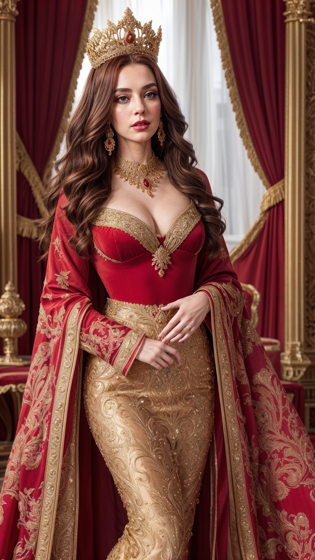 Regal Woman in Luxurious Red and Gold Decor Room