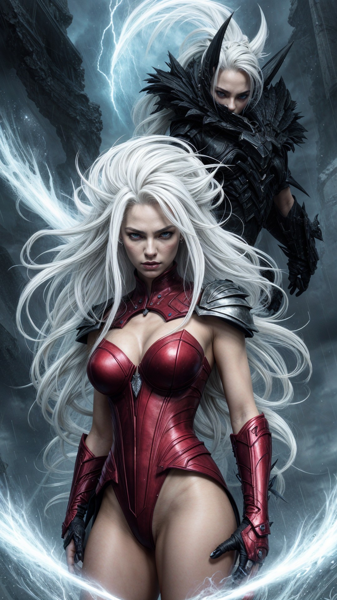 Fierce Warrior Woman in Red Armor with Shadowy Energy