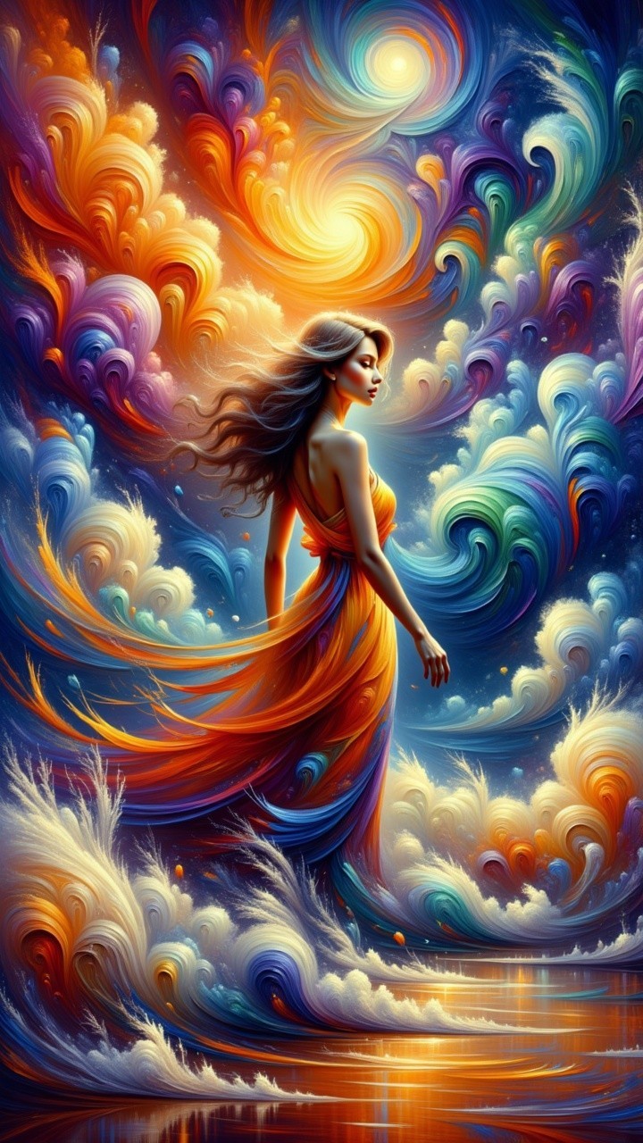 Woman in Elegant Dress Surrounded by Colorful Clouds