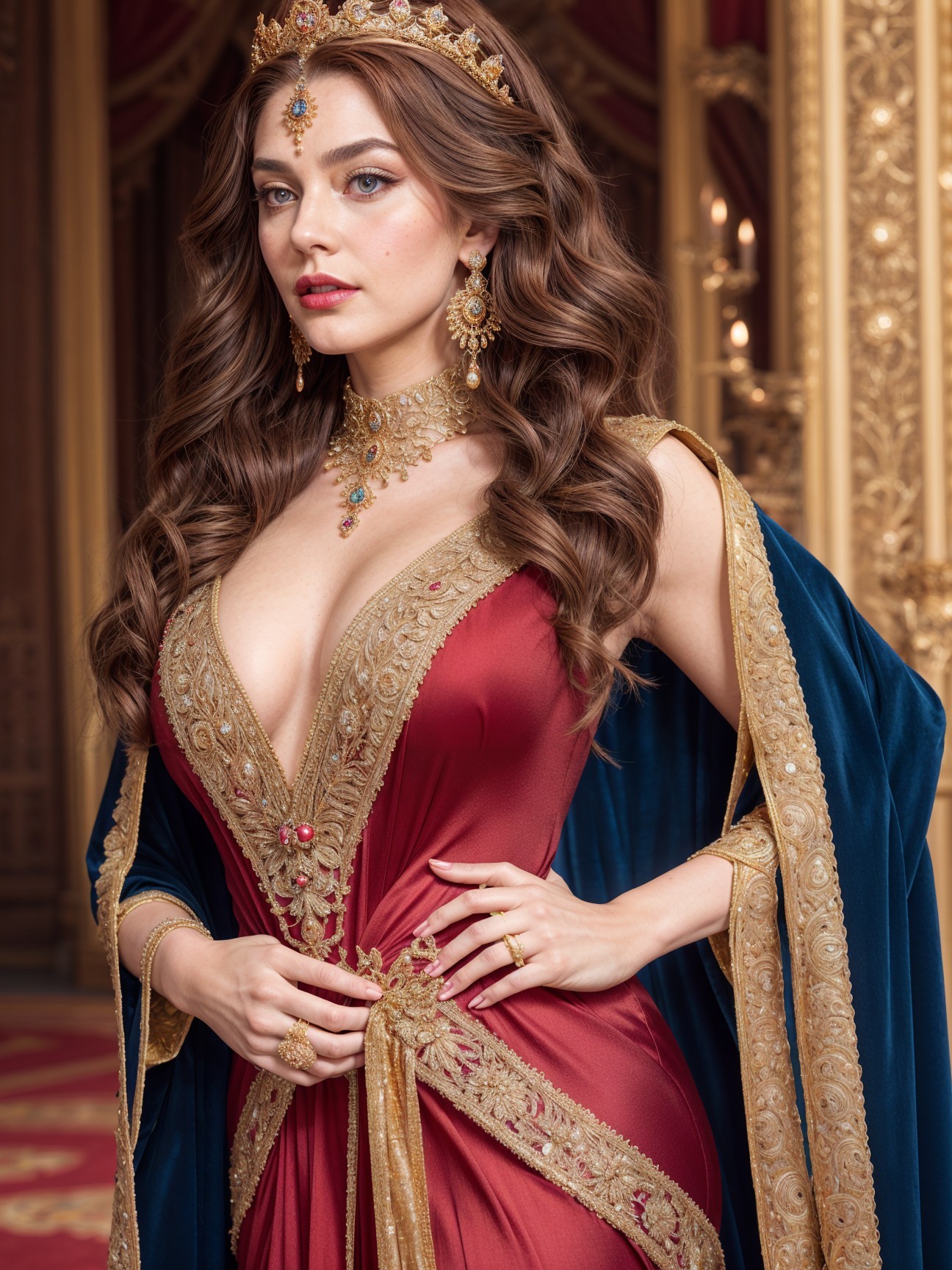 Luxurious Scene with Woman in Opulent Gown and Crown
