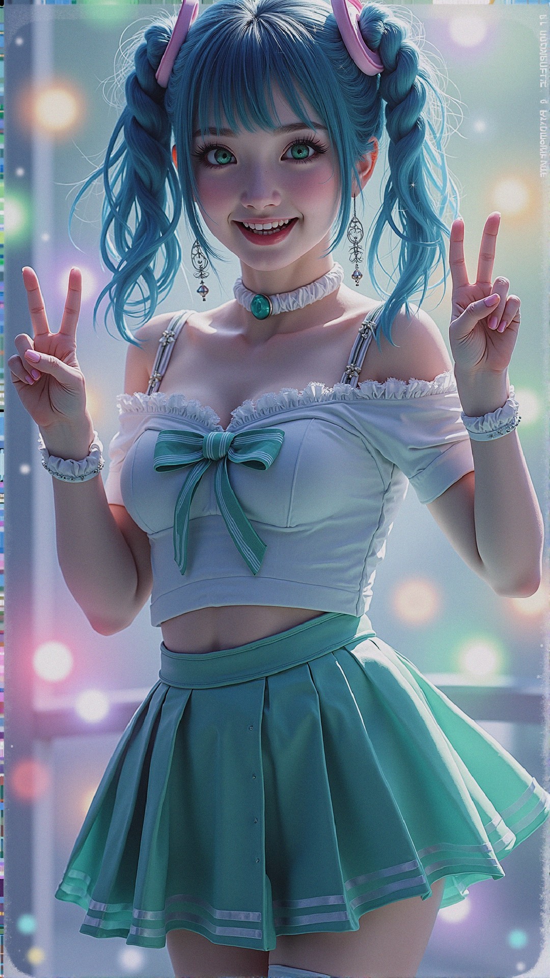 Cheerful character with blue pigtails and vibrant outfit