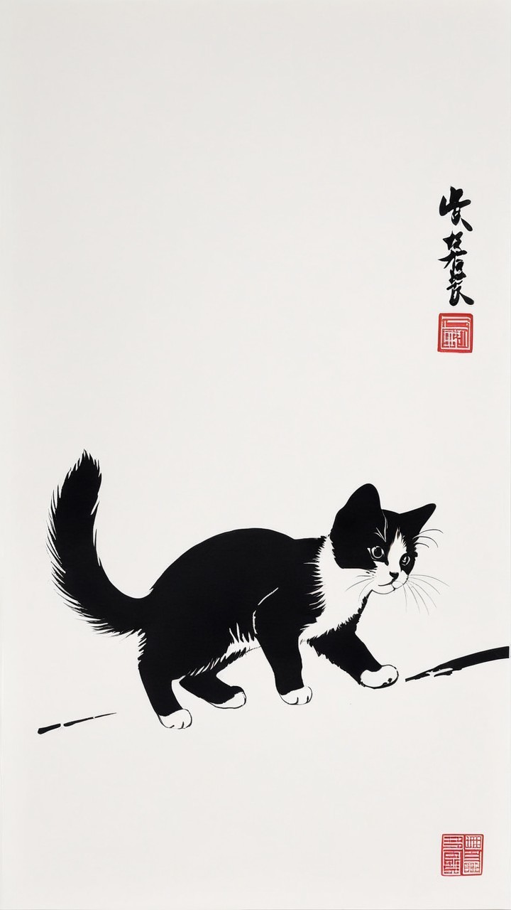 Black and White Illustration of a Cat in Motion