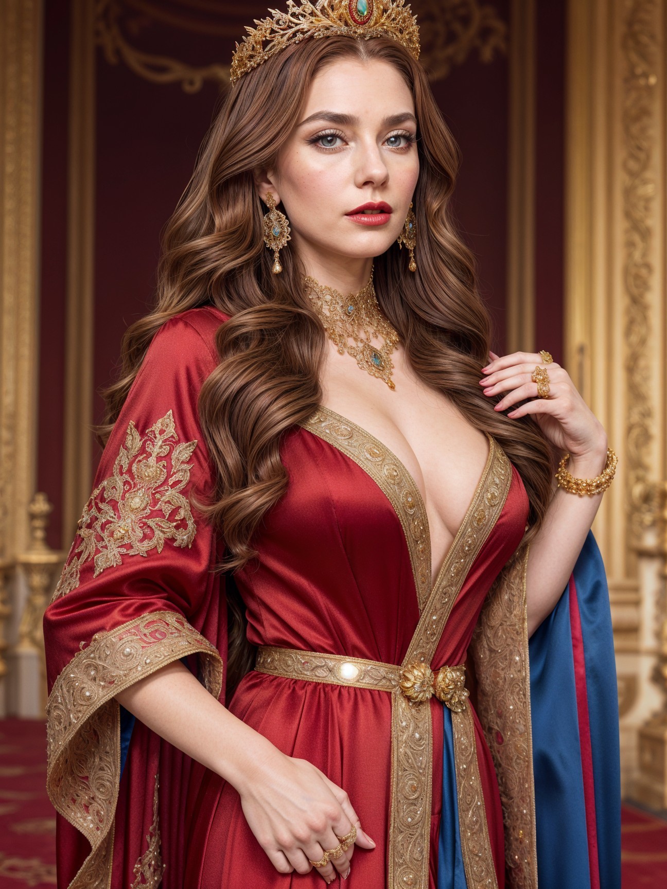 Regal Woman in Opulent Setting with Luxurious Gown