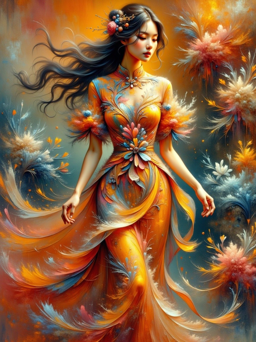 Elegant figure in floral gown with vibrant colors