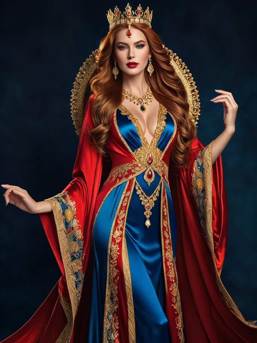 Regal Figure in Luxurious Red and Blue Gown