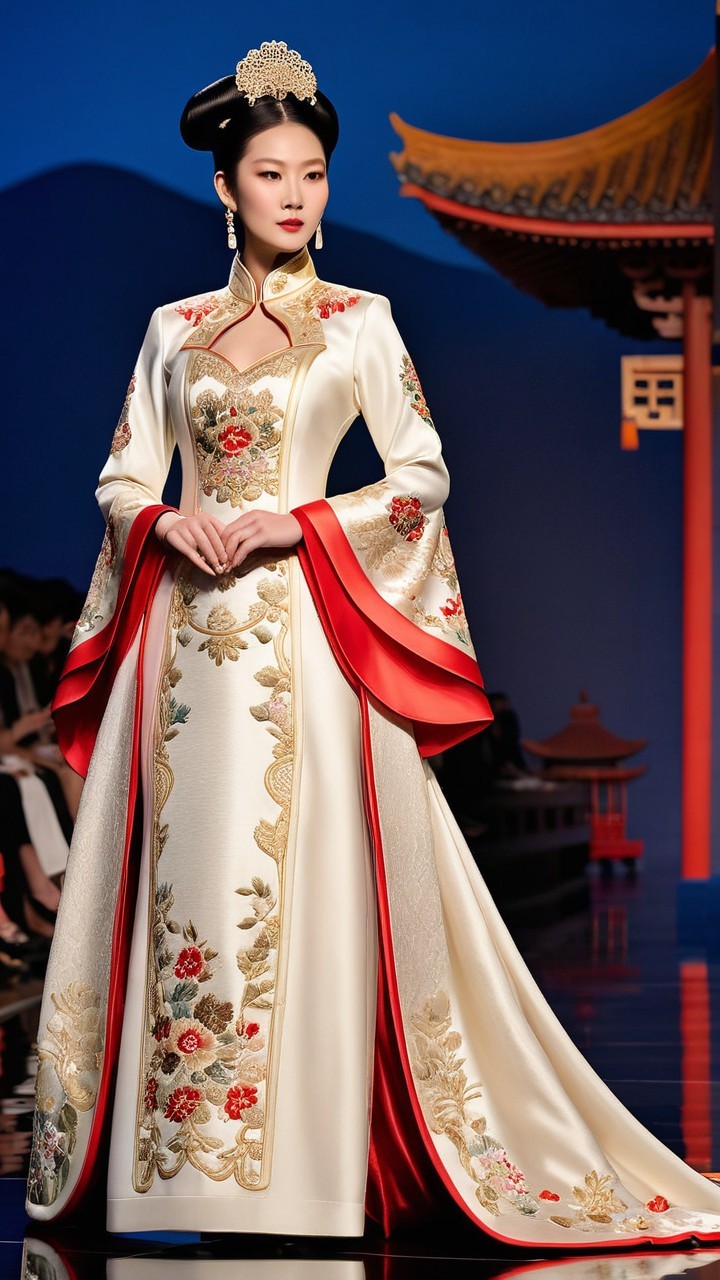 Traditional gown with floral embroidery and headpiece