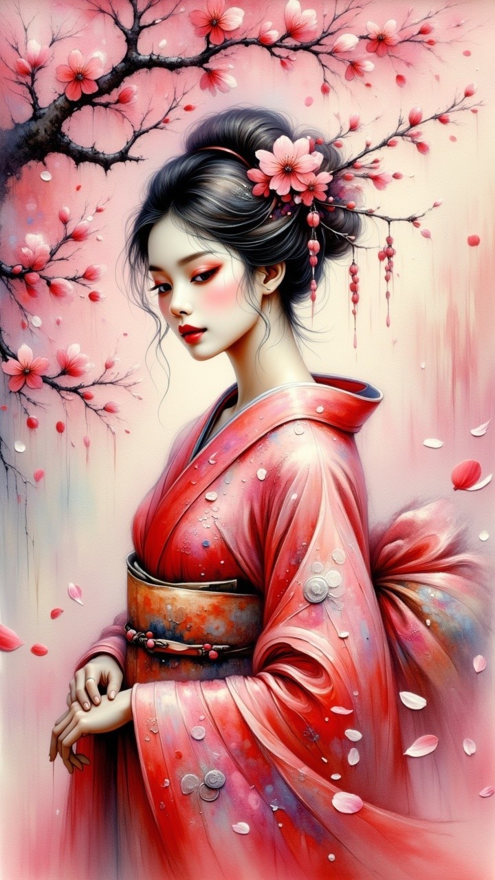 Graceful Figure in Pink Kimono Surrounded by Petals