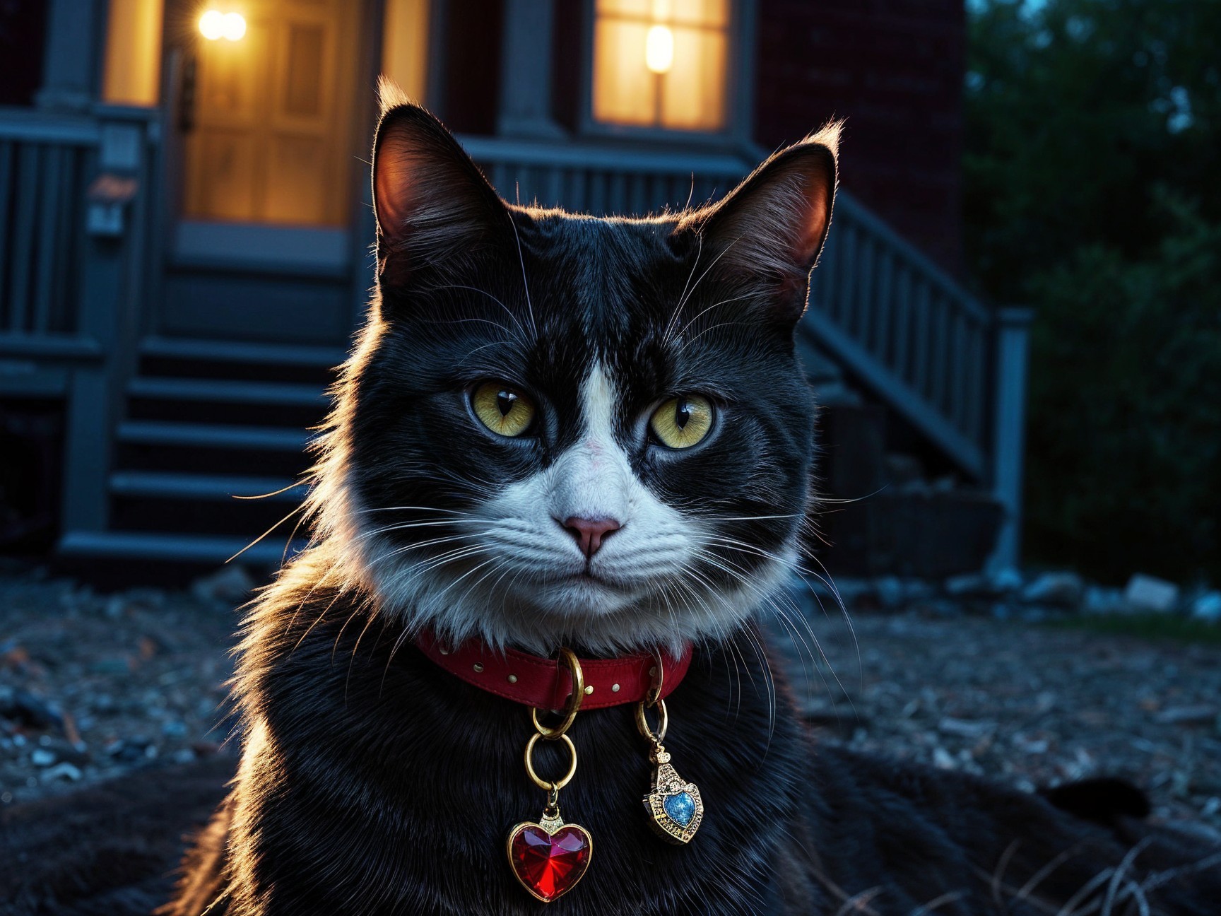 Black and White Cat with Red Collar in Evening Light