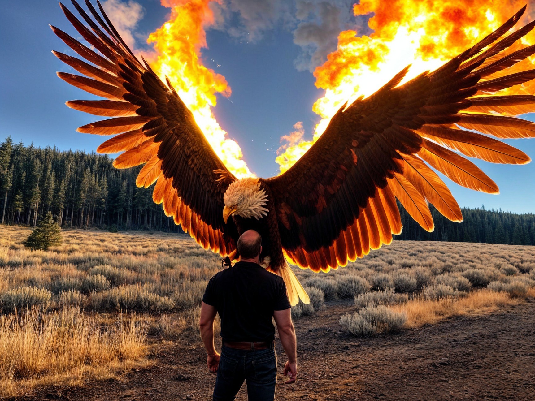 Man and Fiery Eagle in Dramatic Forest Setting