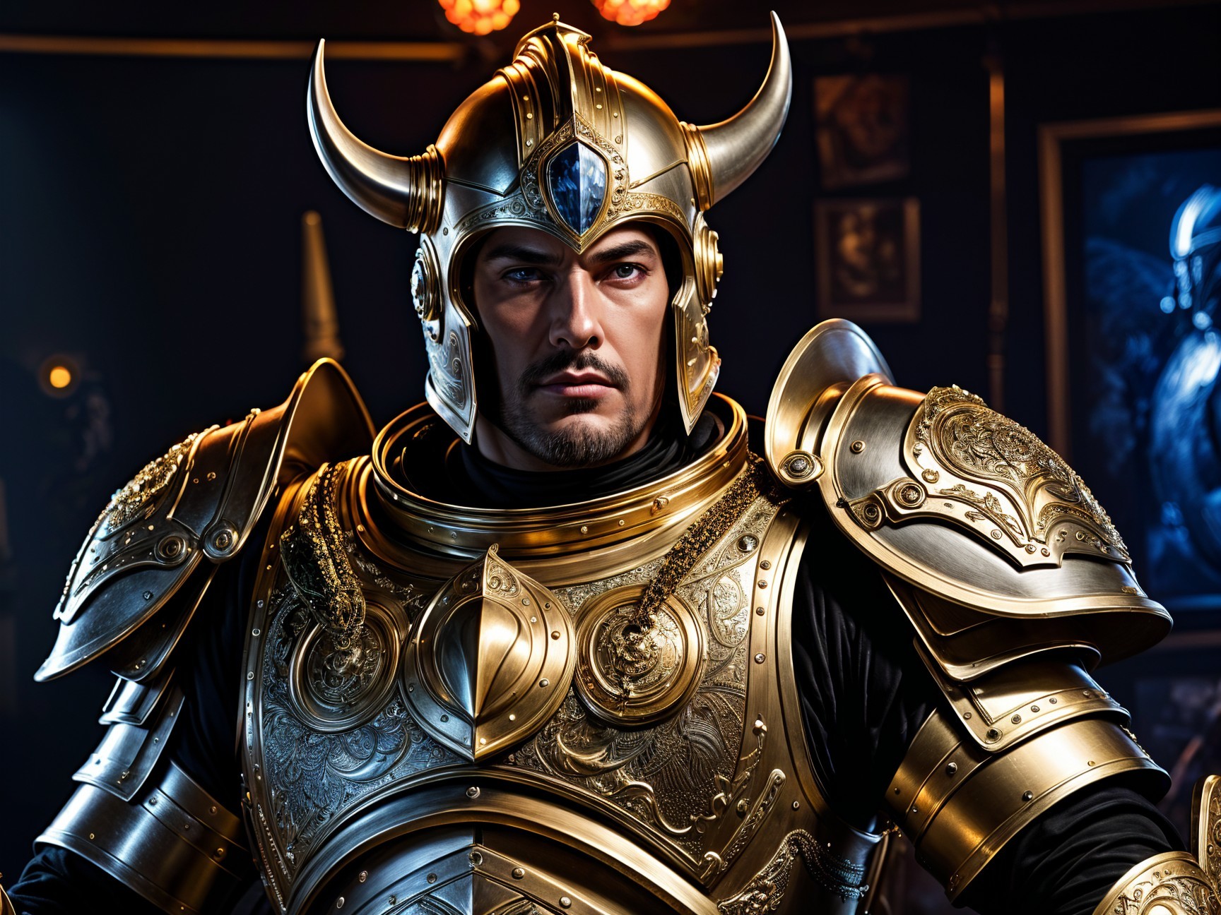 Warrior in Golden Armor with Majestic Helmet and Art