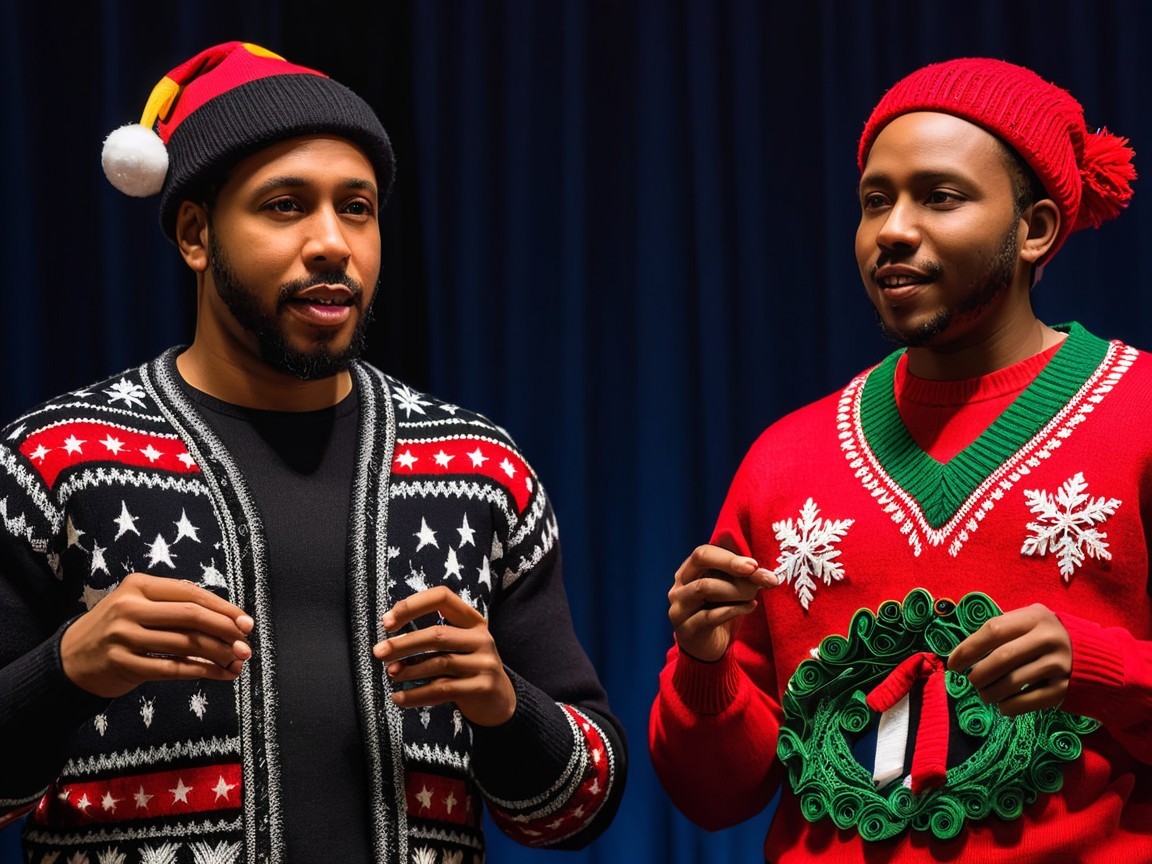 Men in Festive Holiday Attire Engaged in Conversation