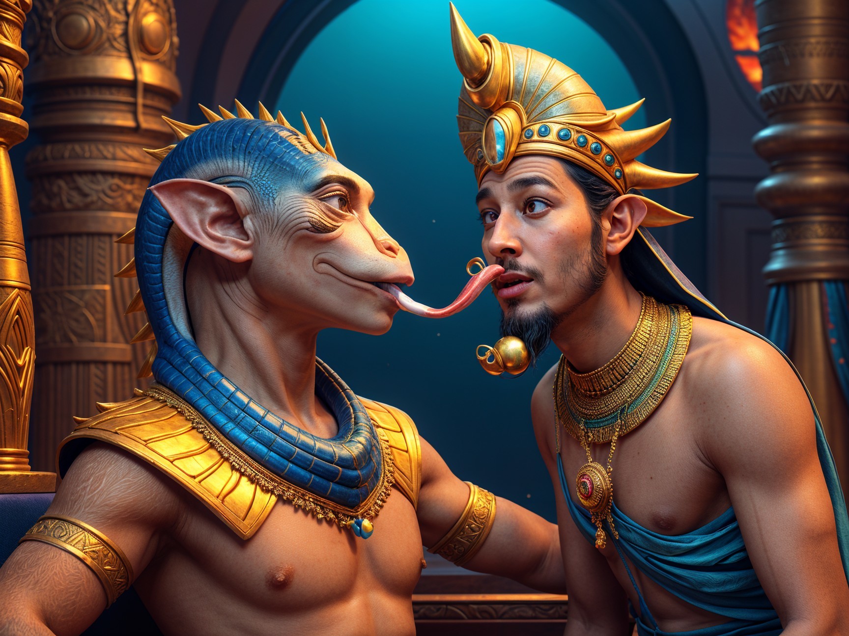 Humanoid Lizard and Regal Man in Ancient Chamber Scene