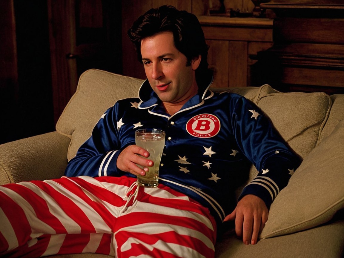 Young man in blue tracksuit relaxes on couch