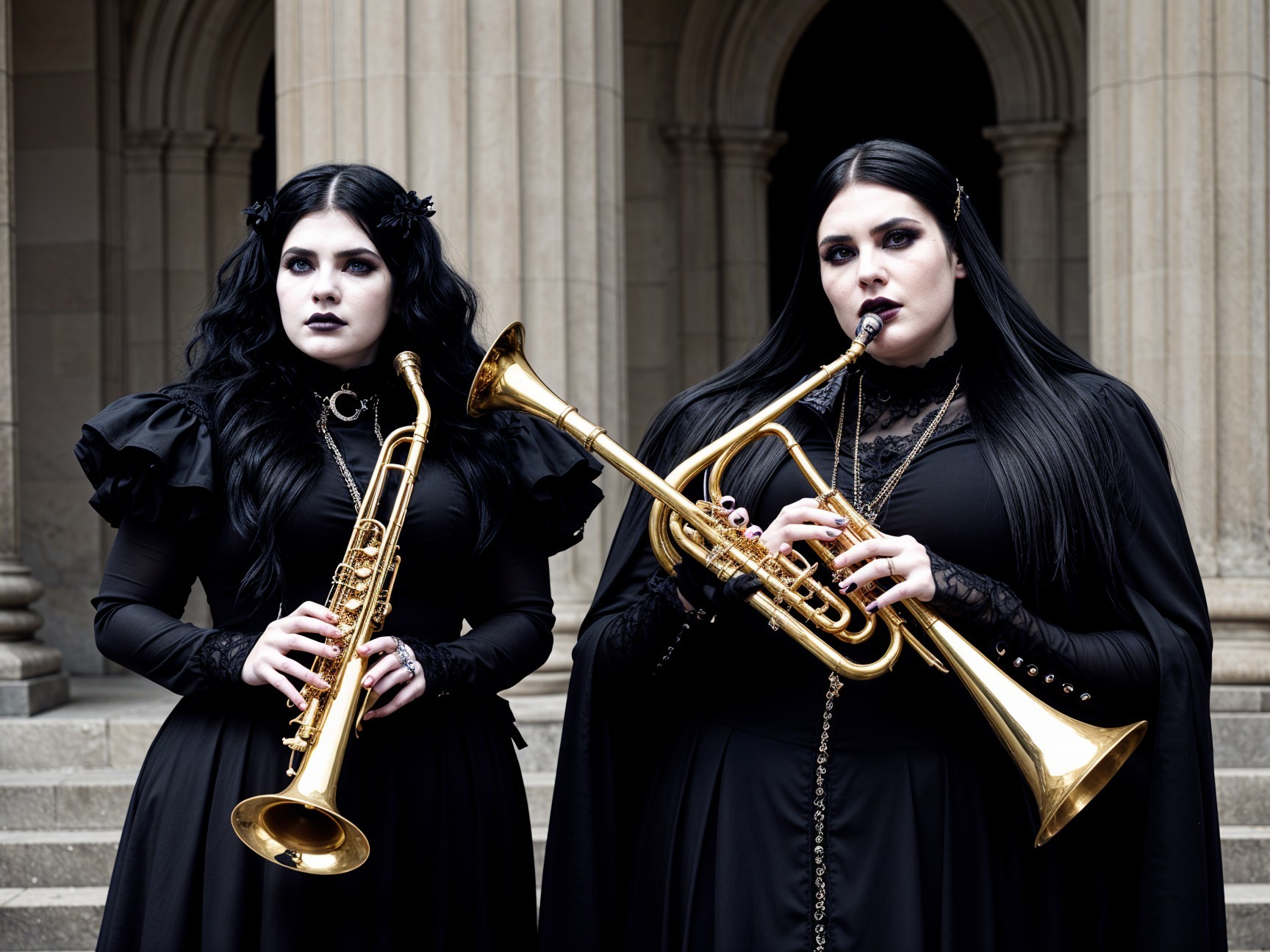 Elegant Women with Brass Instruments in Gothic Setting
