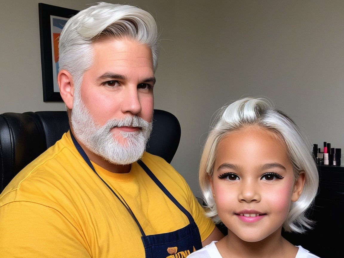 Man and girl in cosmetics-filled room with bright smiles
