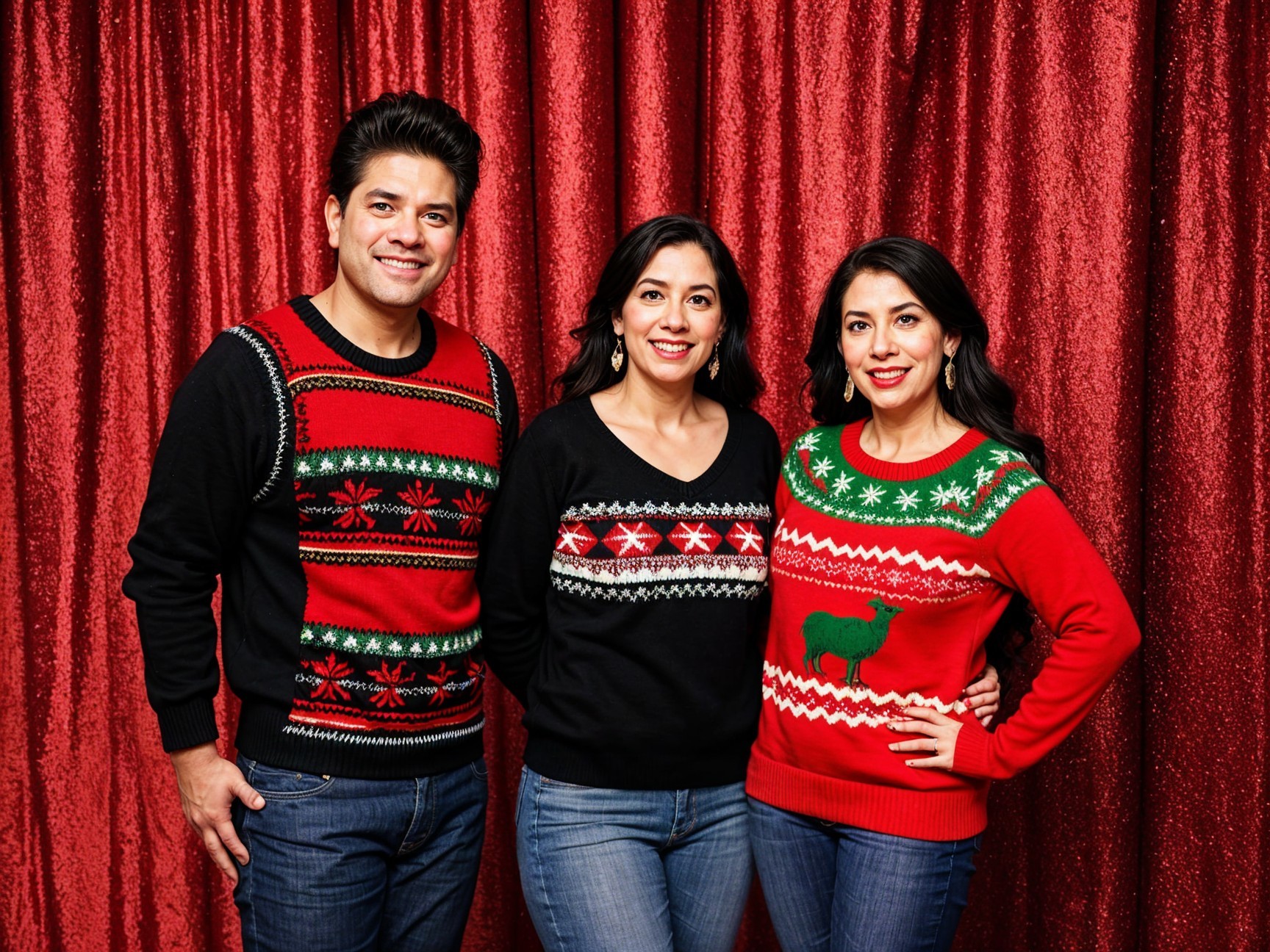 Three Individuals in Festive Christmas Sweaters