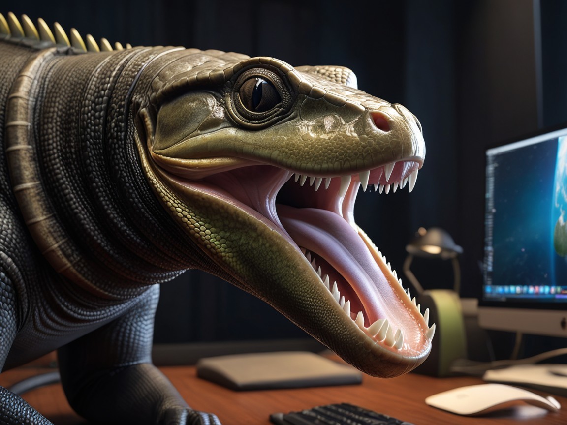 Dinosaur-like Creature at Modern Computer Desk
