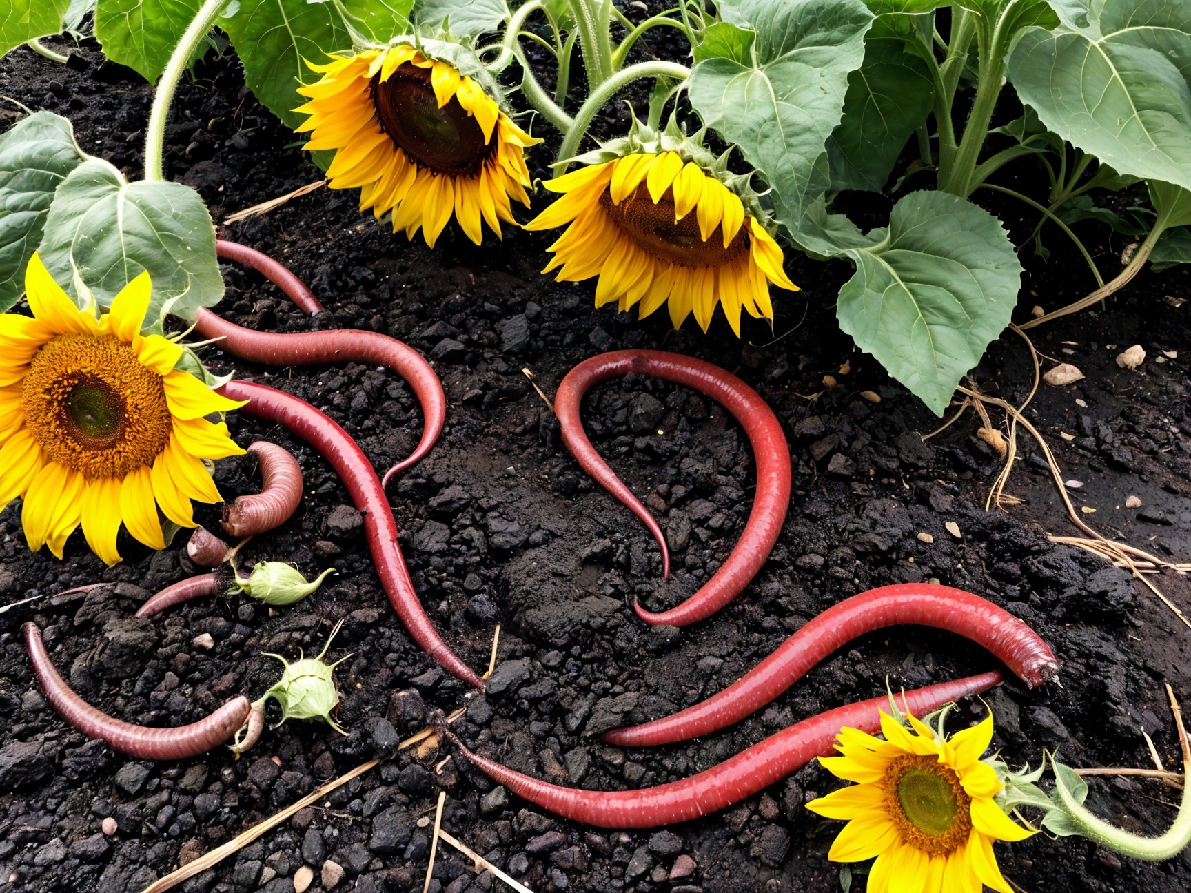 Vibrant Garden with Sunflowers and Red Worms