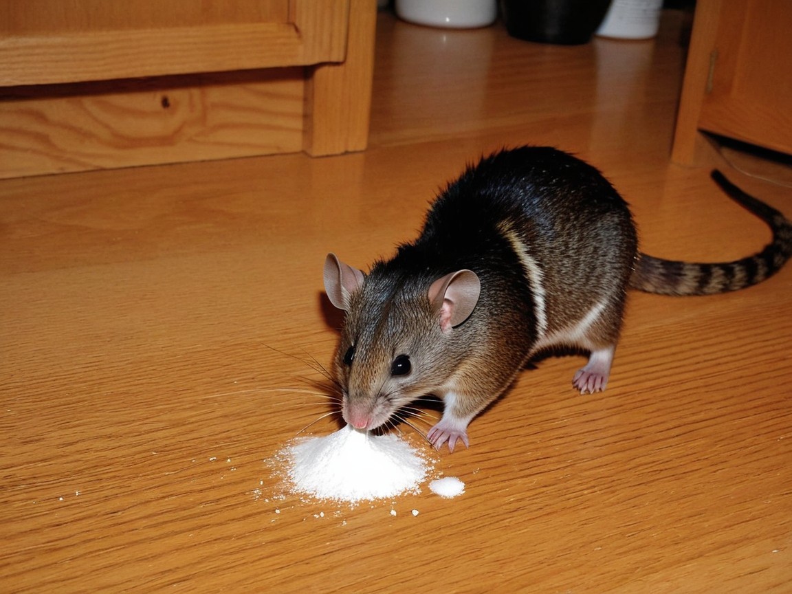 Brownish-gray marsupial investigating white powder on wood