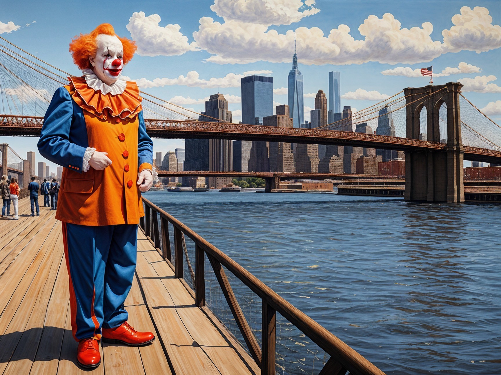 Colorful Clown on Boardwalk with NYC Skyline Background