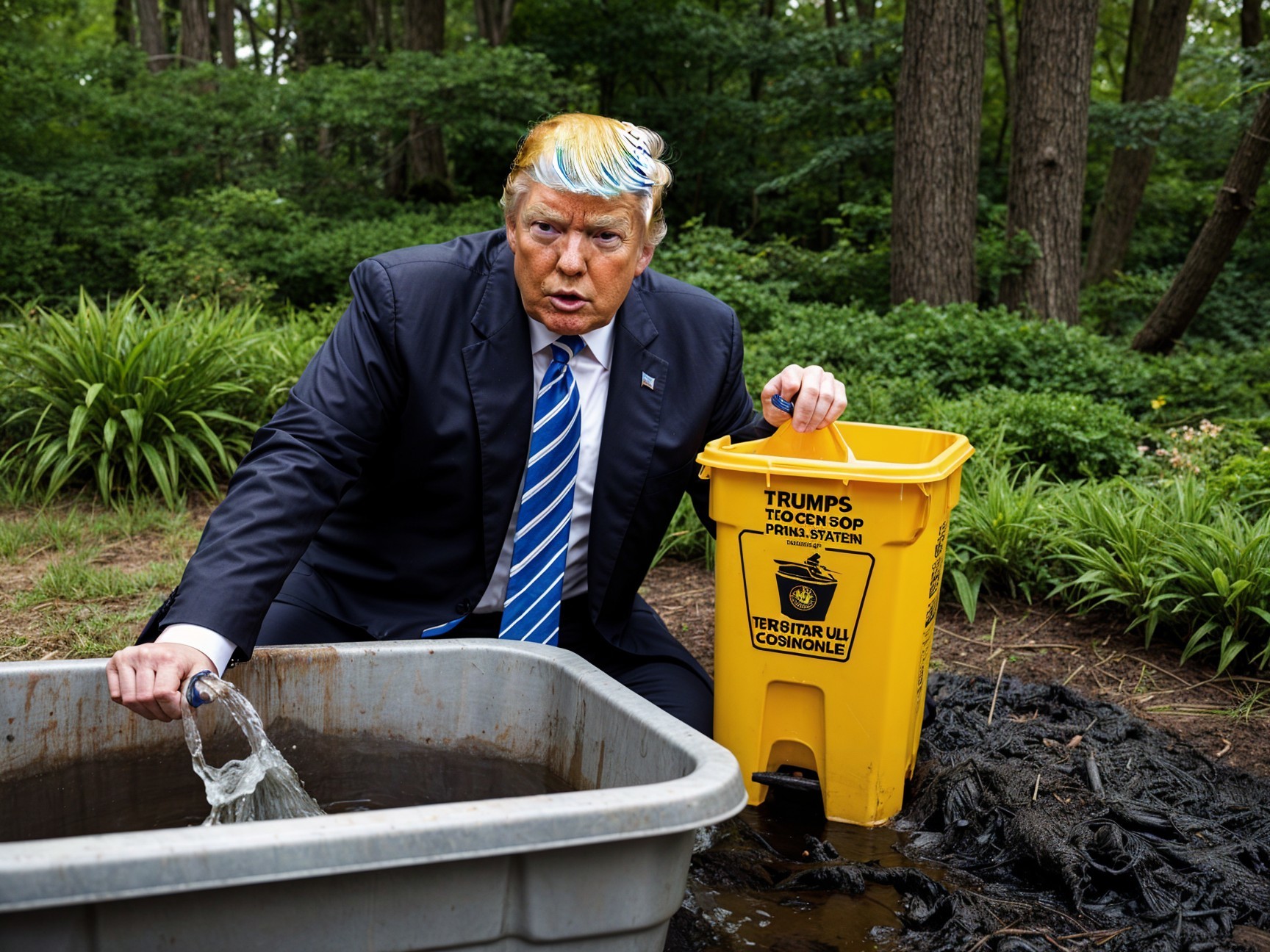 Man in suit with colorful hair pours liquid in forest