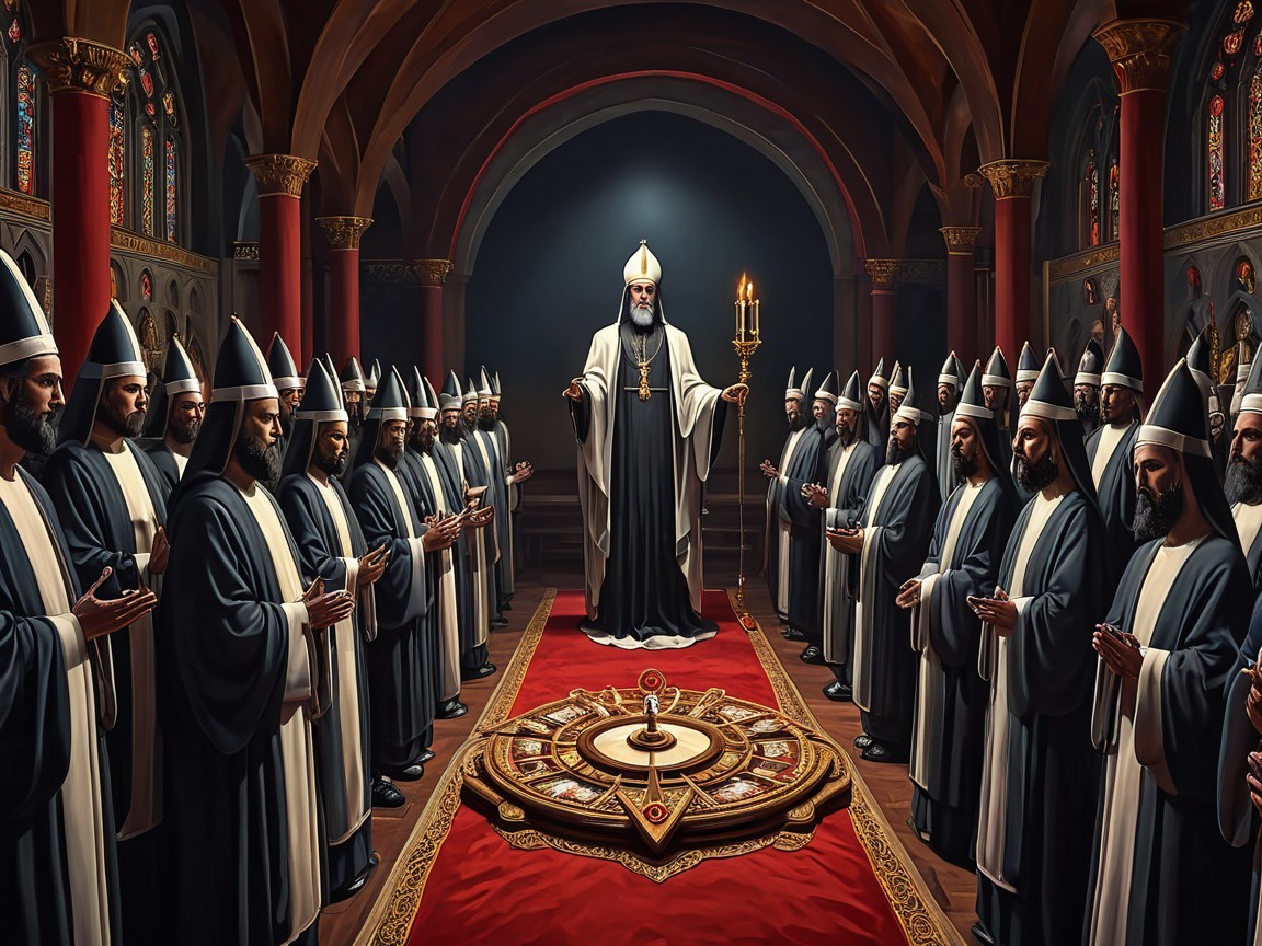 Grand Hall with Central Figure and Stained Glass Windows