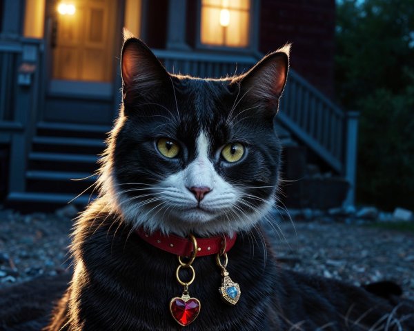 Black and White Cat with Red Collar in Evening Light