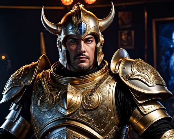 Warrior in Golden Armor with Majestic Helmet and Art