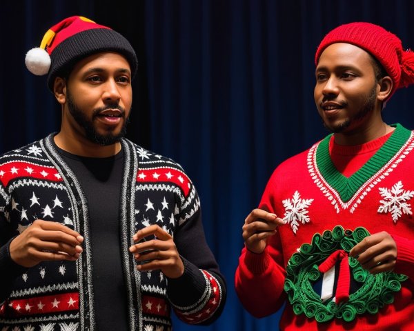 Men in Festive Holiday Attire Engaged in Conversation