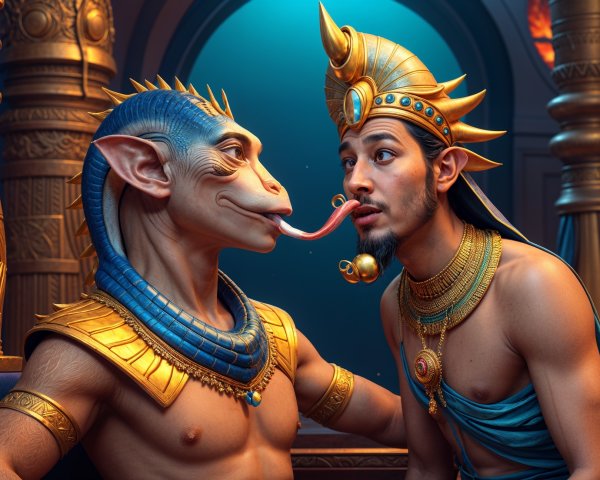 Humanoid Lizard and Regal Man in Ancient Chamber Scene