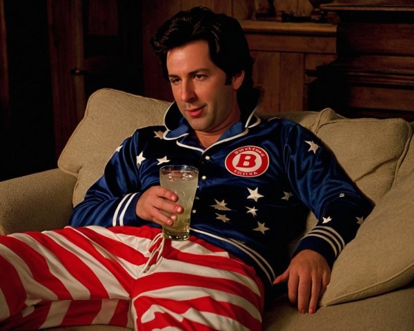 Young man in blue tracksuit relaxes on couch