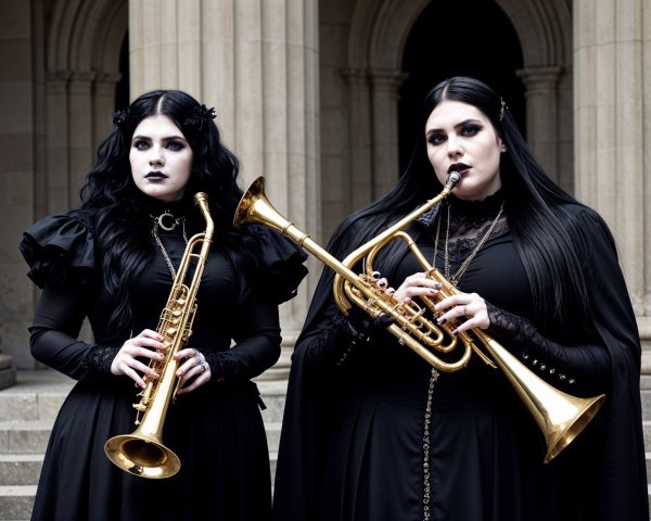 Elegant Women with Brass Instruments in Gothic Setting
