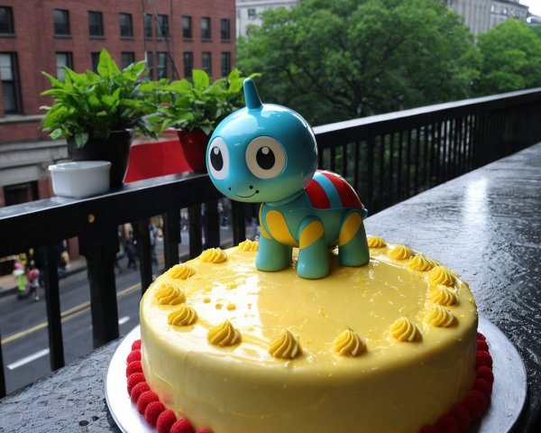 Vibrant Yellow Cake with Cartoon Insect Decoration