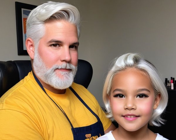 Man and girl in cosmetics-filled room with bright smiles