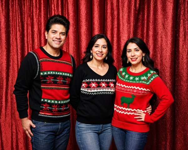 Three Individuals in Festive Christmas Sweaters