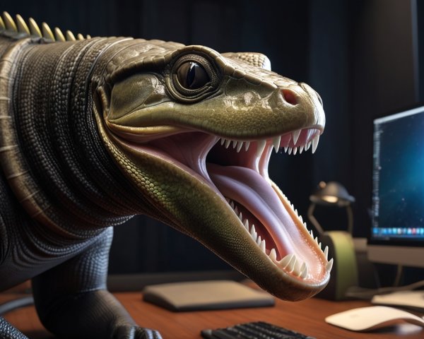 Dinosaur-like Creature at Modern Computer Desk