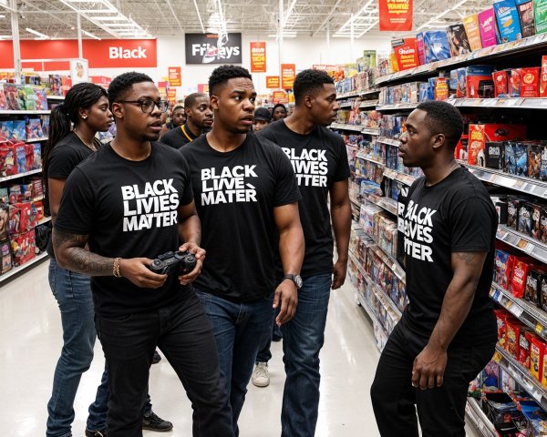 Young Black men in "BLACK LIVES MATTER" shirts in store