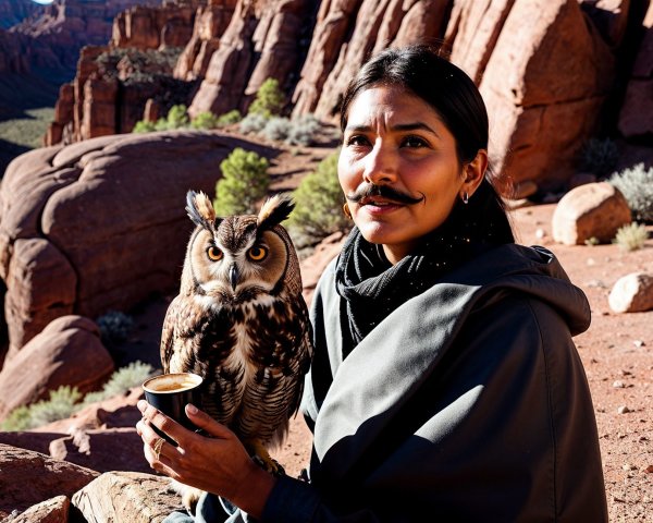 Woman with Mustache and Owl in Rocky Landscape