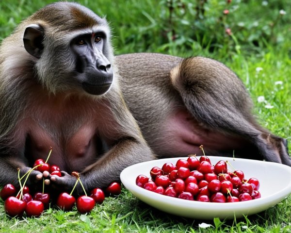 Baboon with Cherries in Natural Habitat Scene
