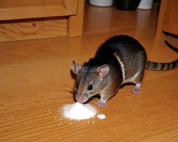 Brownish-gray marsupial investigating white powder on wood