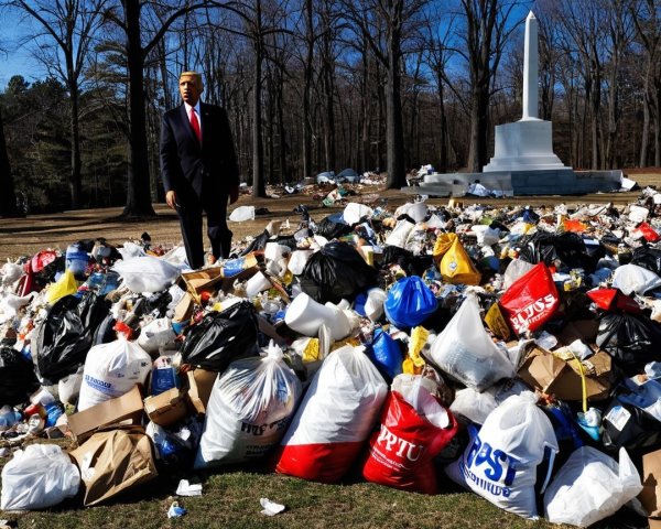 Man in Suit Surrounded by Trash in Park Setting