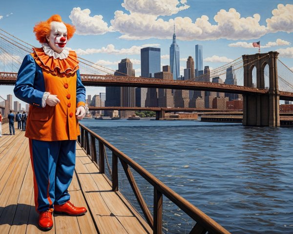 Colorful Clown on Boardwalk with NYC Skyline Background