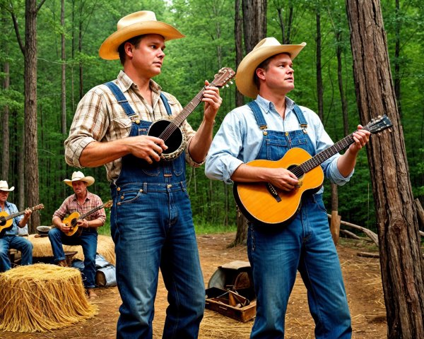 Country Musicians Perform in a Wooded Setting