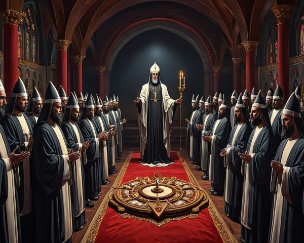 Grand Hall with Central Figure and Stained Glass Windows