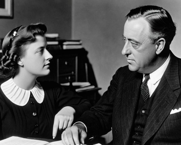 Black-and-white photo of a girl and a man conversing