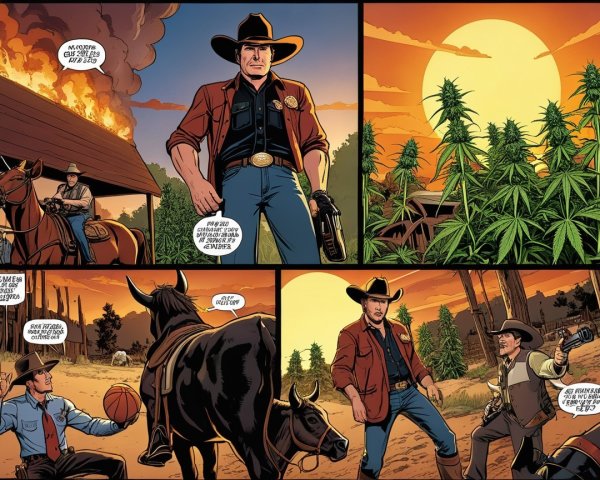 Rugged Sheriff in Sunset Landscape with Cowboy Characters