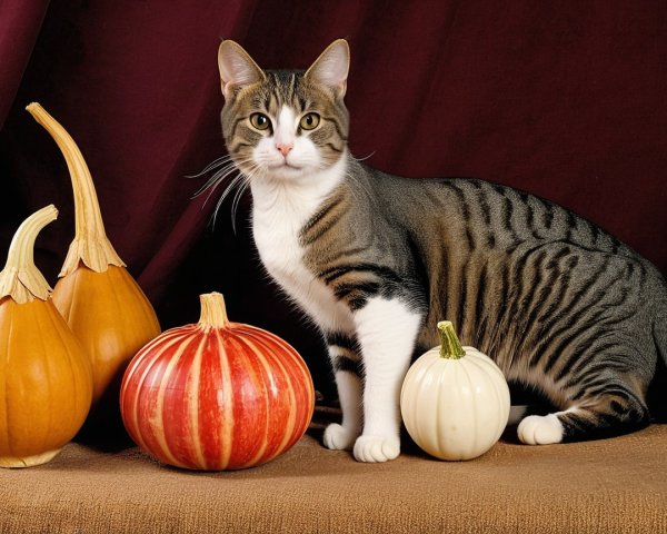 Tabby Cat Among Decorative Pumpkins in Autumn Setting