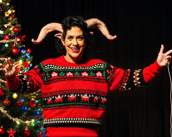 Cheerful Woman by Decorated Christmas Tree
