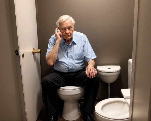 Elderly Man on Toilet in Small Bathroom Setting