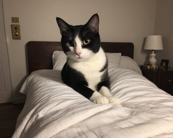 Black and white cat on a neatly made bed